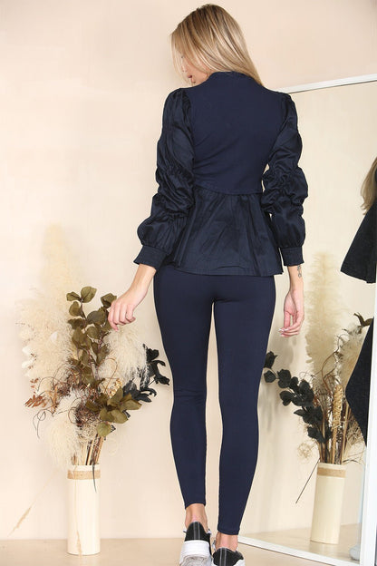 Long Ruched Sleeves Ribbed Peplum Diamond Buttons Frilled Hem Lounge Wear Co-Ord Set - Multi Trends