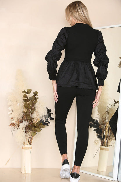 Long Ruched Sleeves Ribbed Peplum Diamond Buttons Frilled Hem Lounge Wear Co-Ord Set - Multi Trends