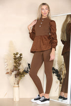 Long Ruched Sleeves Ribbed Peplum Diamond Buttons Frilled Hem Lounge Wear Co-Ord Set - Multi Trends