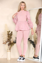 Long Ruched Sleeves Ribbed Peplum Diamond Buttons Frilled Hem Lounge Wear Co-Ord Set - Multi Trends