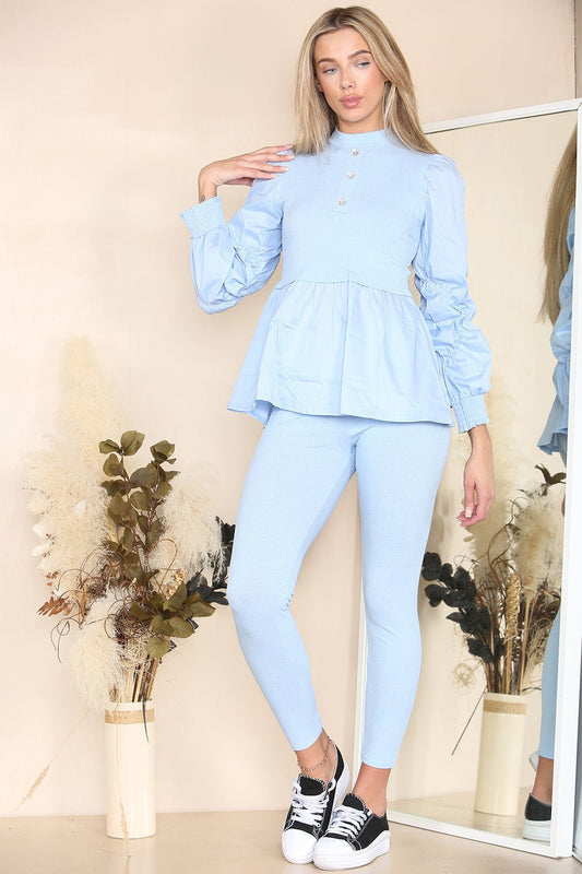 Long Ruched Sleeves Ribbed Peplum Diamond Buttons Frilled Hem Lounge Wear Co-Ord Set - Multi Trends