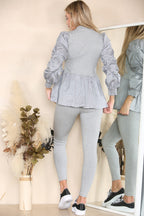 Long Ruched Sleeves Ribbed Peplum Diamond Buttons Frilled Hem Lounge Wear Co-Ord Set - Multi Trends