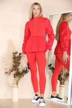 Long Ruched Sleeves Ribbed Peplum Diamond Buttons Frilled Hem Lounge Wear Co-Ord Set - Multi Trends