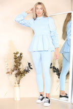 Long Ruched Sleeves Ribbed Peplum Diamond Buttons Frilled Hem Lounge Wear Co-Ord Set - Multi Trends