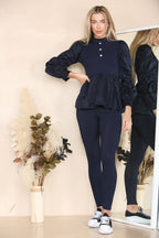 Long Ruched Sleeves Ribbed Peplum Diamond Buttons Frilled Hem Lounge Wear Co-Ord Set - Multi Trends
