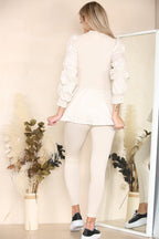 Long Ruched Sleeves Ribbed Peplum Diamond Buttons Frilled Hem Lounge Wear Co-Ord Set - Multi Trends