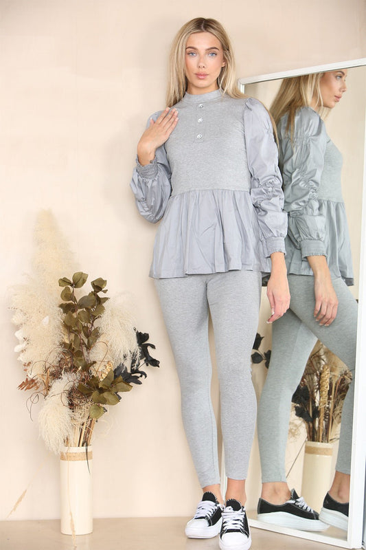 Long Ruched Sleeves Ribbed Peplum Diamond Buttons Frilled Hem Lounge Wear Co-Ord Set - Multi Trends