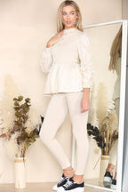 Long Ruched Sleeves Ribbed Peplum Diamond Buttons Frilled Hem Lounge Wear Co-Ord Set - Multi Trends