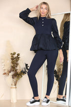 Long Ruched Sleeves Ribbed Peplum Diamond Buttons Frilled Hem Lounge Wear Co-Ord Set - Multi Trends
