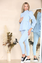 Long Ruched Sleeves Ribbed Peplum Diamond Buttons Frilled Hem Lounge Wear Co-Ord Set - Multi Trends