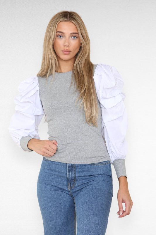 Oversized Puff Sleeves Ribbed Top - Multi Trends