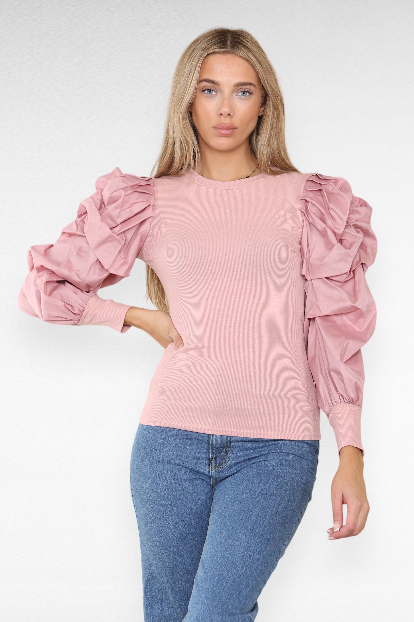 Oversized Puff Sleeves Ribbed Top - Multi Trends