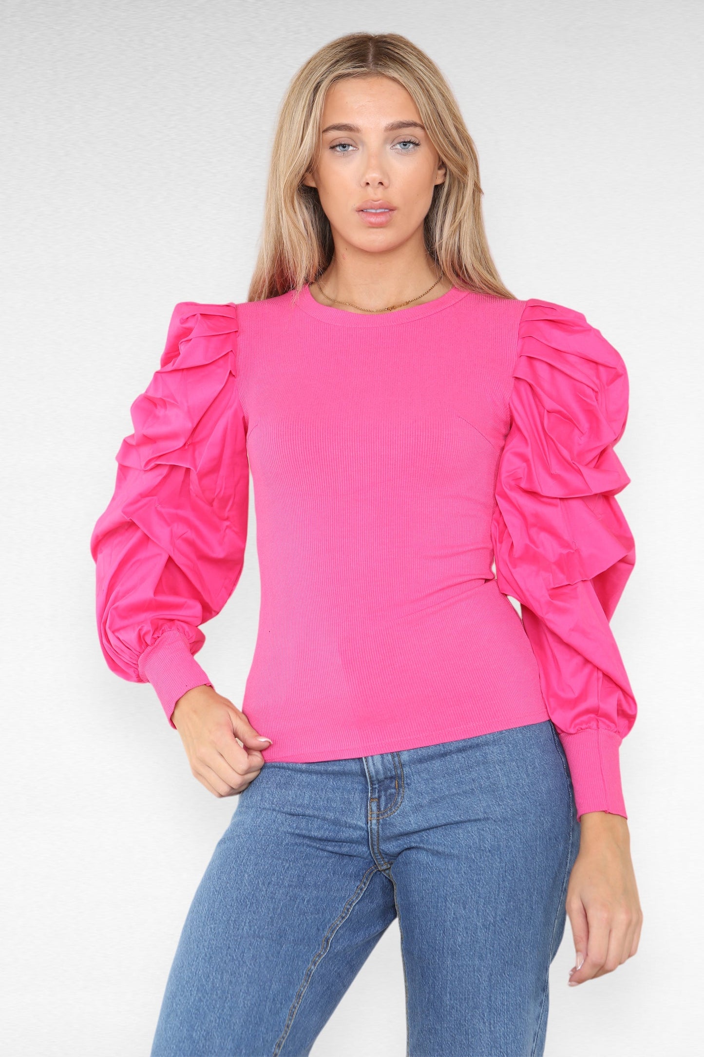 Oversized Puff Sleeves Ribbed Top - Multi Trends