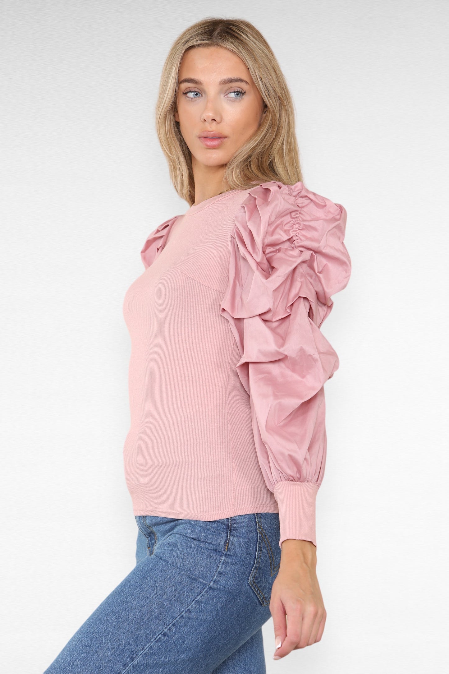 Oversized Puff Sleeves Ribbed Top - Multi Trends