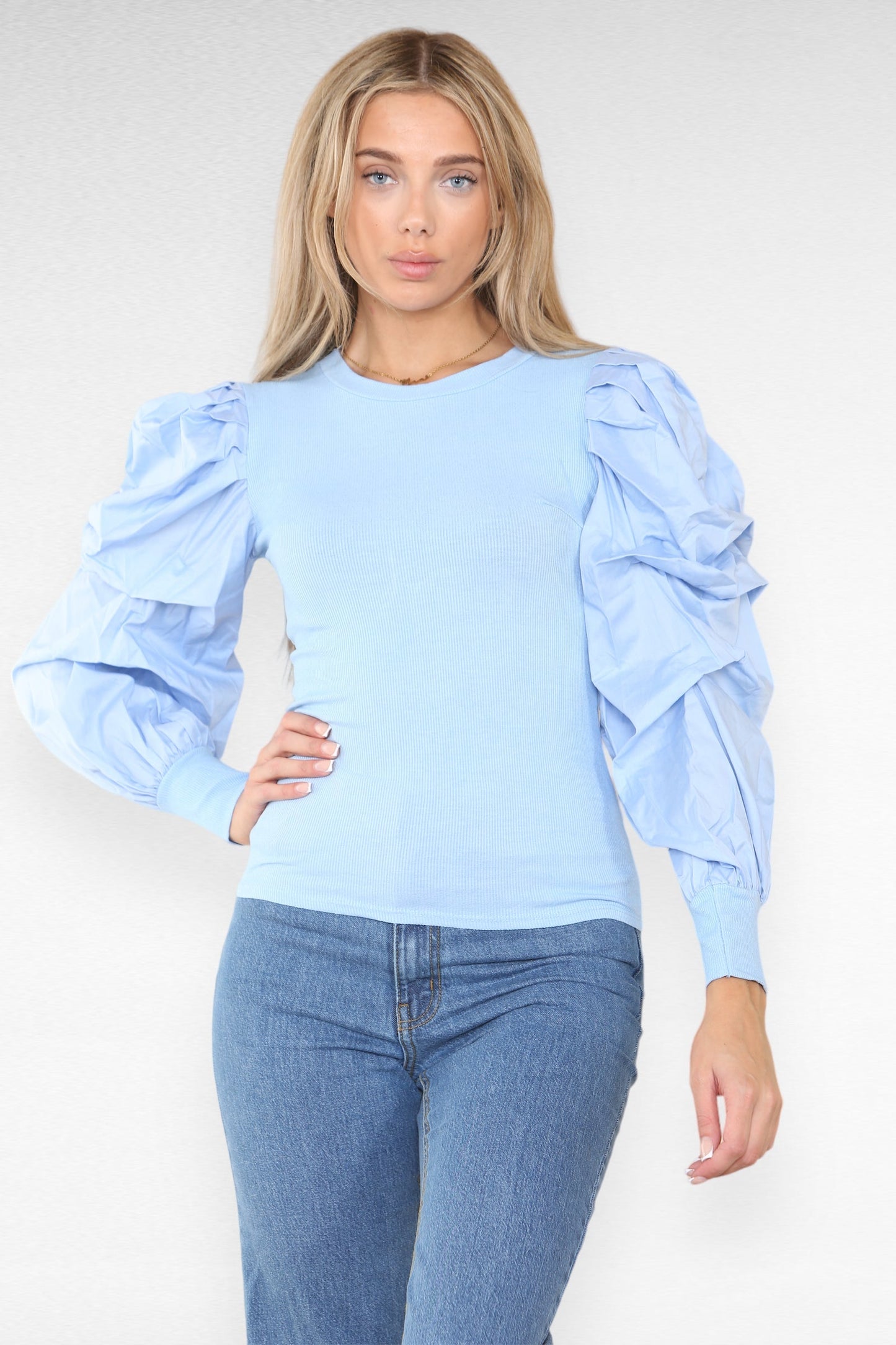 Oversized Puff Sleeves Ribbed Top - Multi Trends