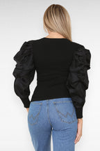 Oversized Puff Sleeves Ribbed Top