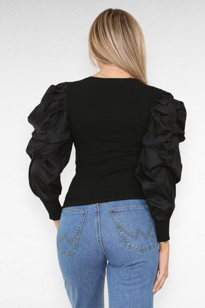 Oversized Puff Sleeves Ribbed Top