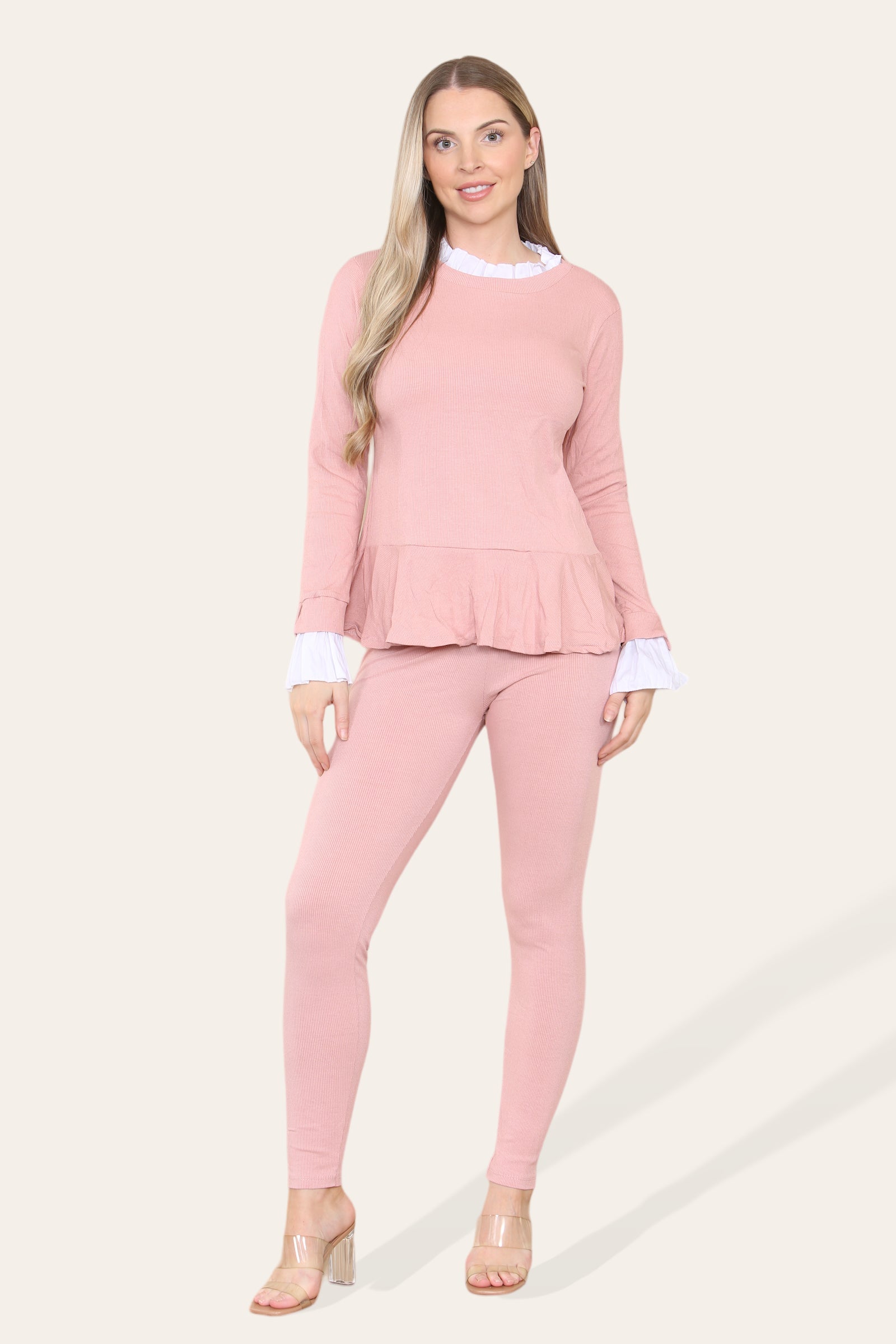 Peplum Frill Neck Suit Pleated Lounge Wear Set - Multi Trends