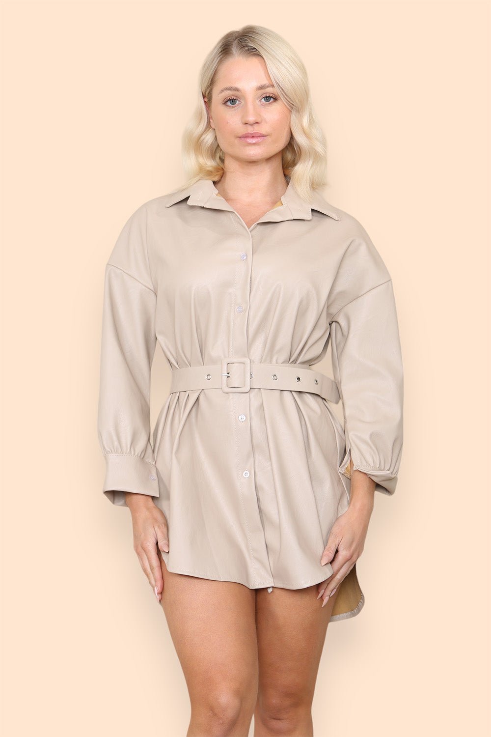 PU Faux Leather Belted Wet Look Shirt Dress - Multi Trends