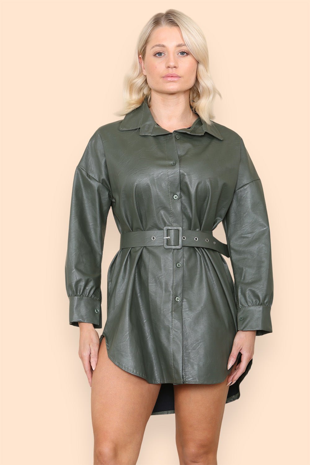 PU Faux Leather Belted Wet Look Shirt Dress - Multi Trends
