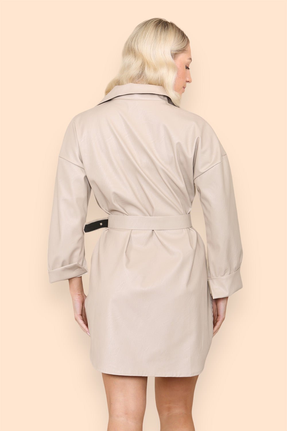 PU Faux Leather Belted Wet Look Shirt Dress - Multi Trends