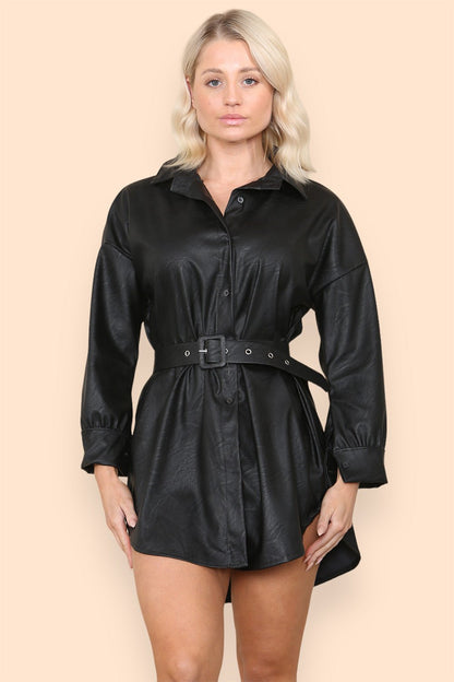 PU Faux Leather Belted Wet Look Shirt Dress - Multi Trends