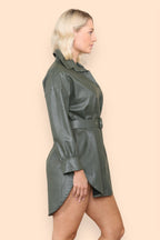 PU Faux Leather Belted Wet Look Shirt Dress - Multi Trends