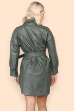PU Faux Leather Belted Wet Look Shirt Dress - Multi Trends