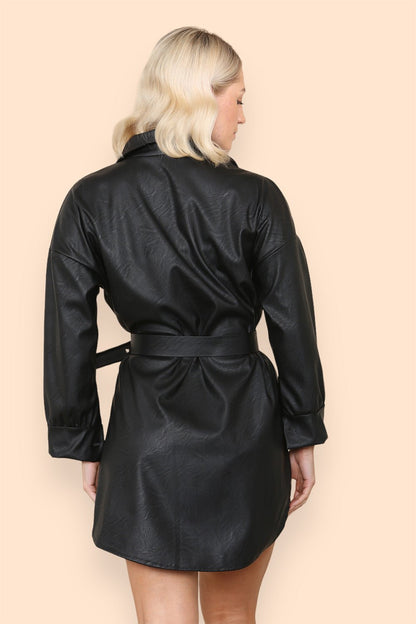 PU Faux Leather Belted Wet Look Shirt Dress - Multi Trends