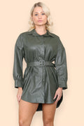 PU Faux Leather Belted Wet Look Shirt Dress - Multi Trends