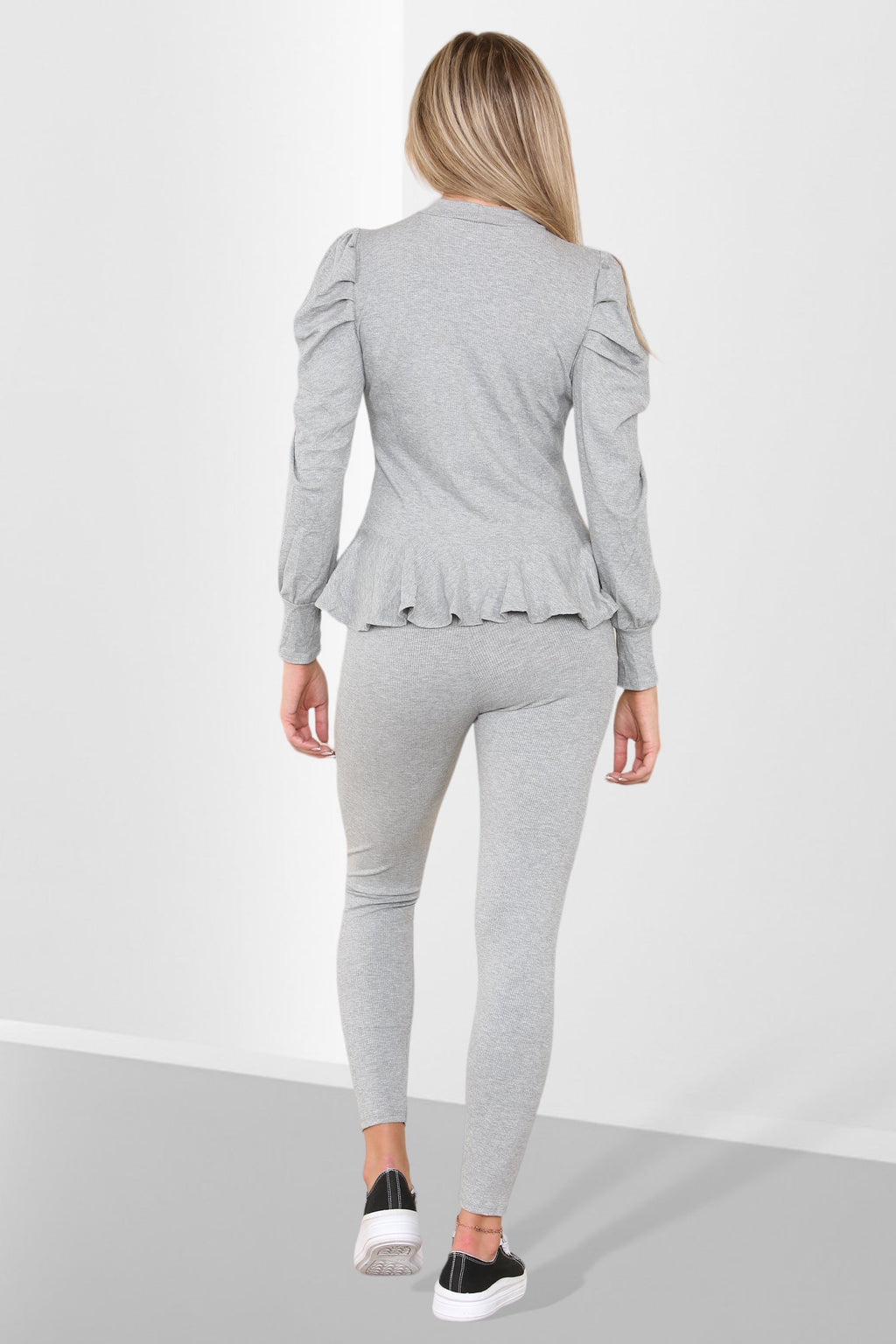 Puff Sleeves Set Frill Hem Peplum Ribbed Lounge Wear Suit - Multi Trends