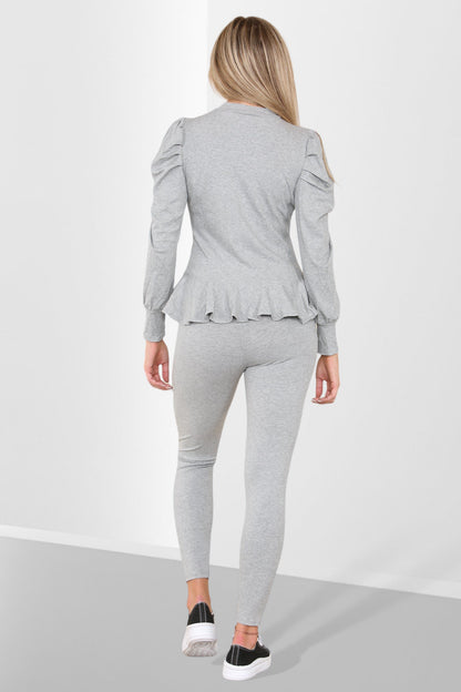 Puff Sleeves Set Frill Hem Peplum Ribbed Lounge Wear Suit - Multi Trends