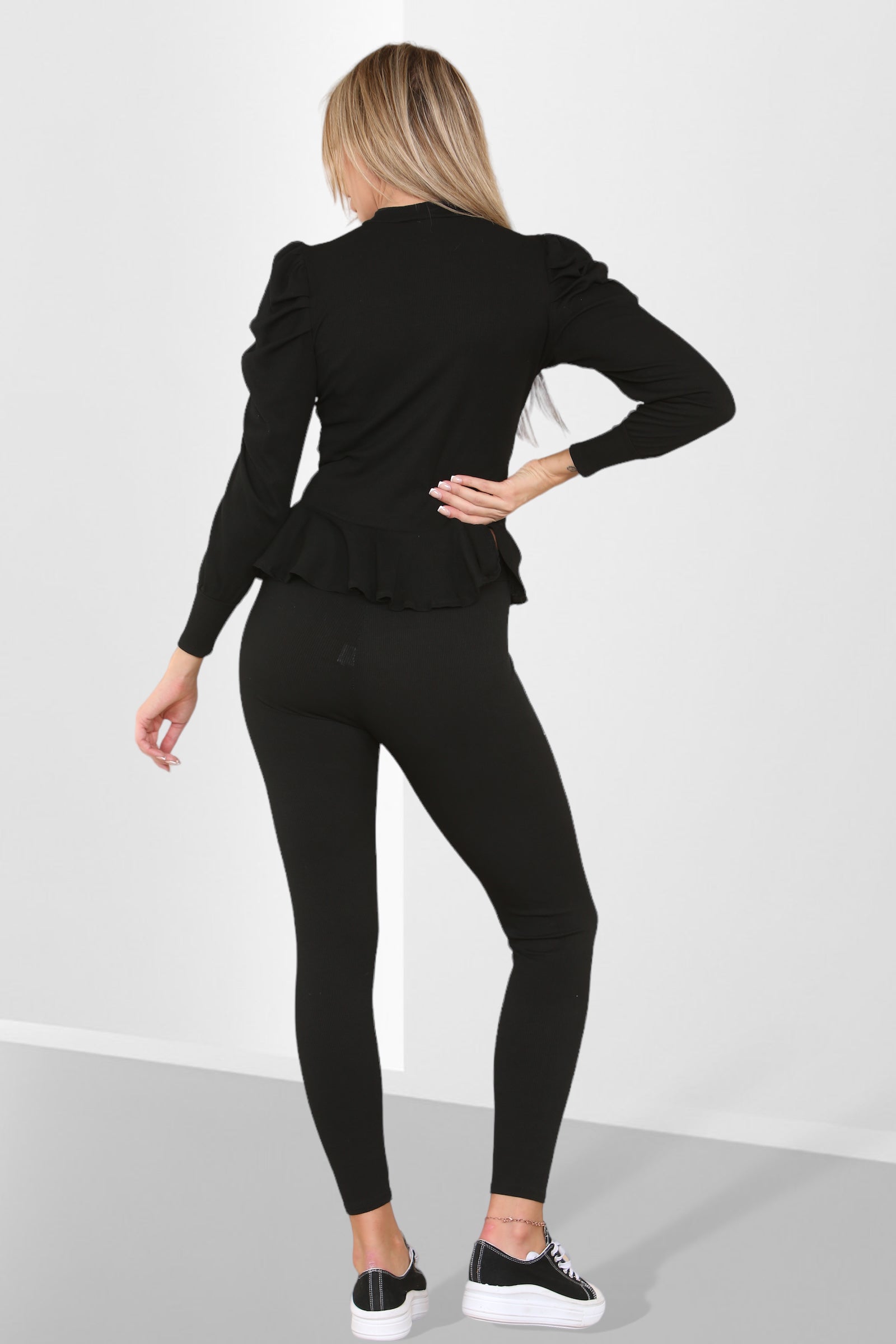 Puff Sleeves Set Frill Hem Peplum Ribbed Lounge Wear Suit - Multi Trends