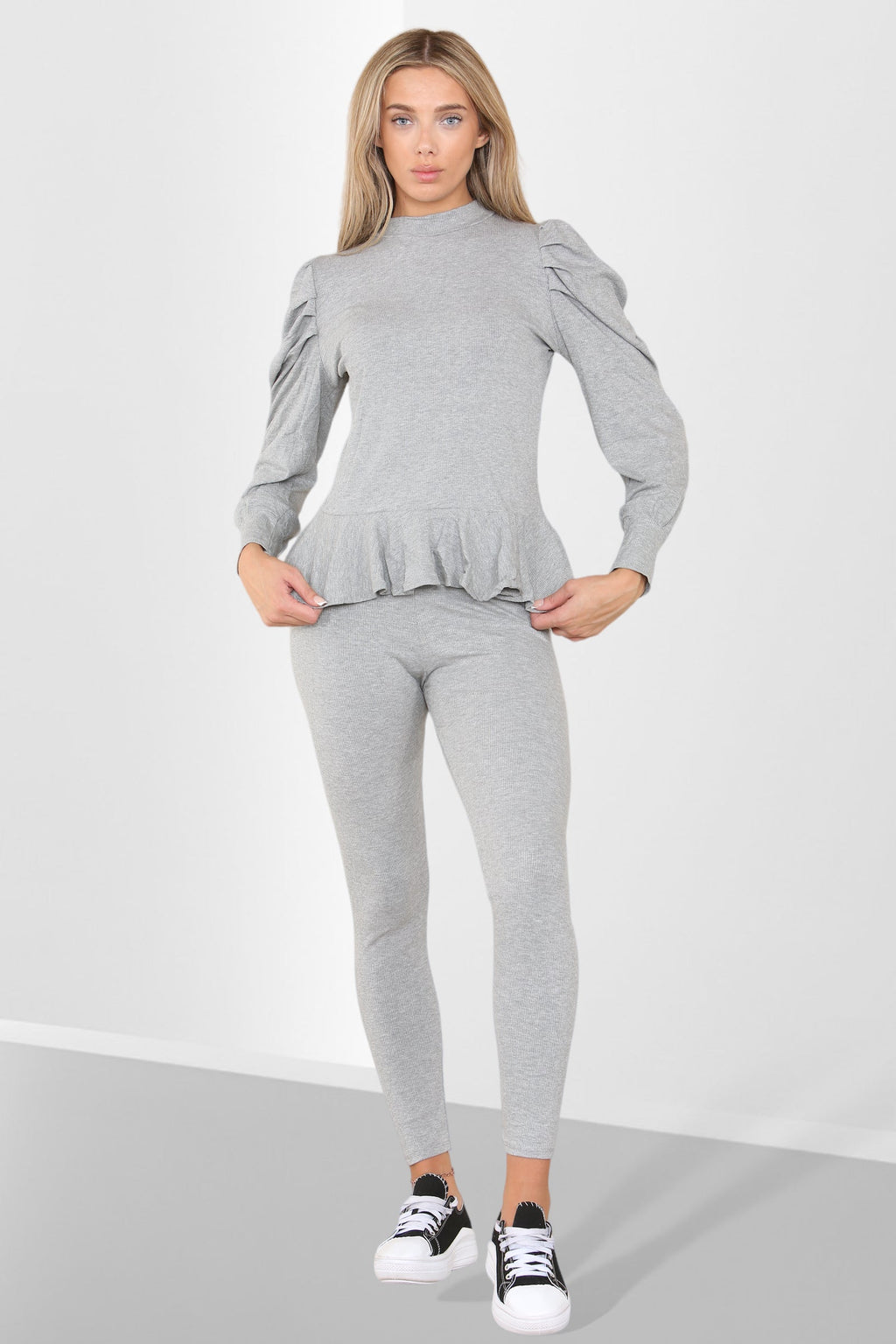 Puff Sleeves Set Frill Hem Peplum Ribbed Lounge Wear Suit - Multi Trends