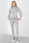 Puff Sleeves Set Frill Hem Peplum Ribbed Lounge Wear Suit - Multi Trends