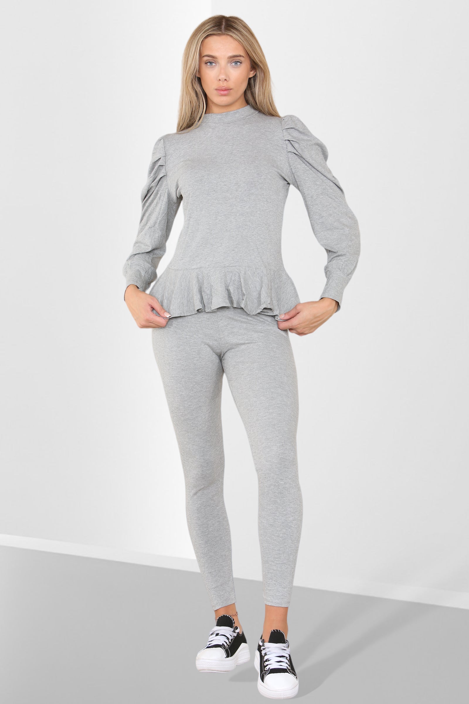 Puff Sleeves Set Frill Hem Peplum Ribbed Lounge Wear Suit - Multi Trends