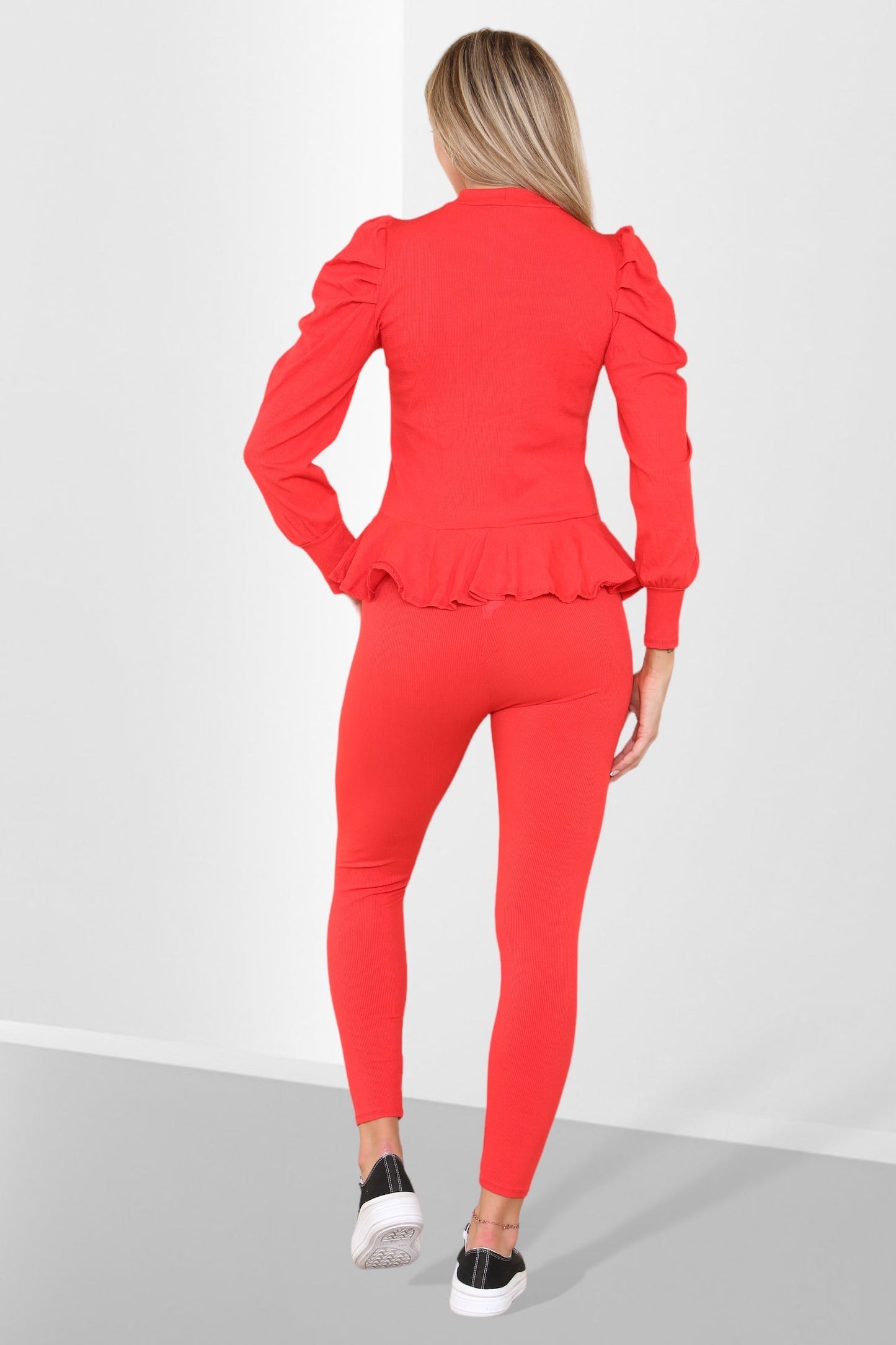 Puff Sleeves Set Frill Hem Peplum Ribbed Lounge Wear Suit - Multi Trends