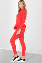 Puff Sleeves Set Frill Hem Peplum Ribbed Lounge Wear Suit - Multi Trends