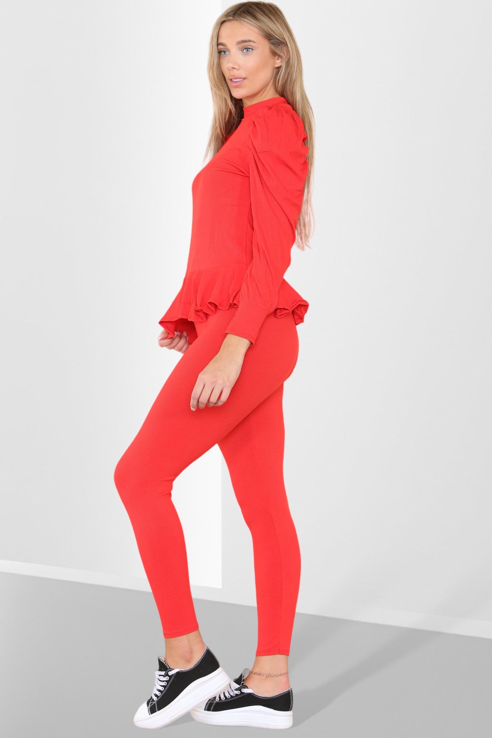 Puff Sleeves Set Frill Hem Peplum Ribbed Lounge Wear Suit - Multi Trends