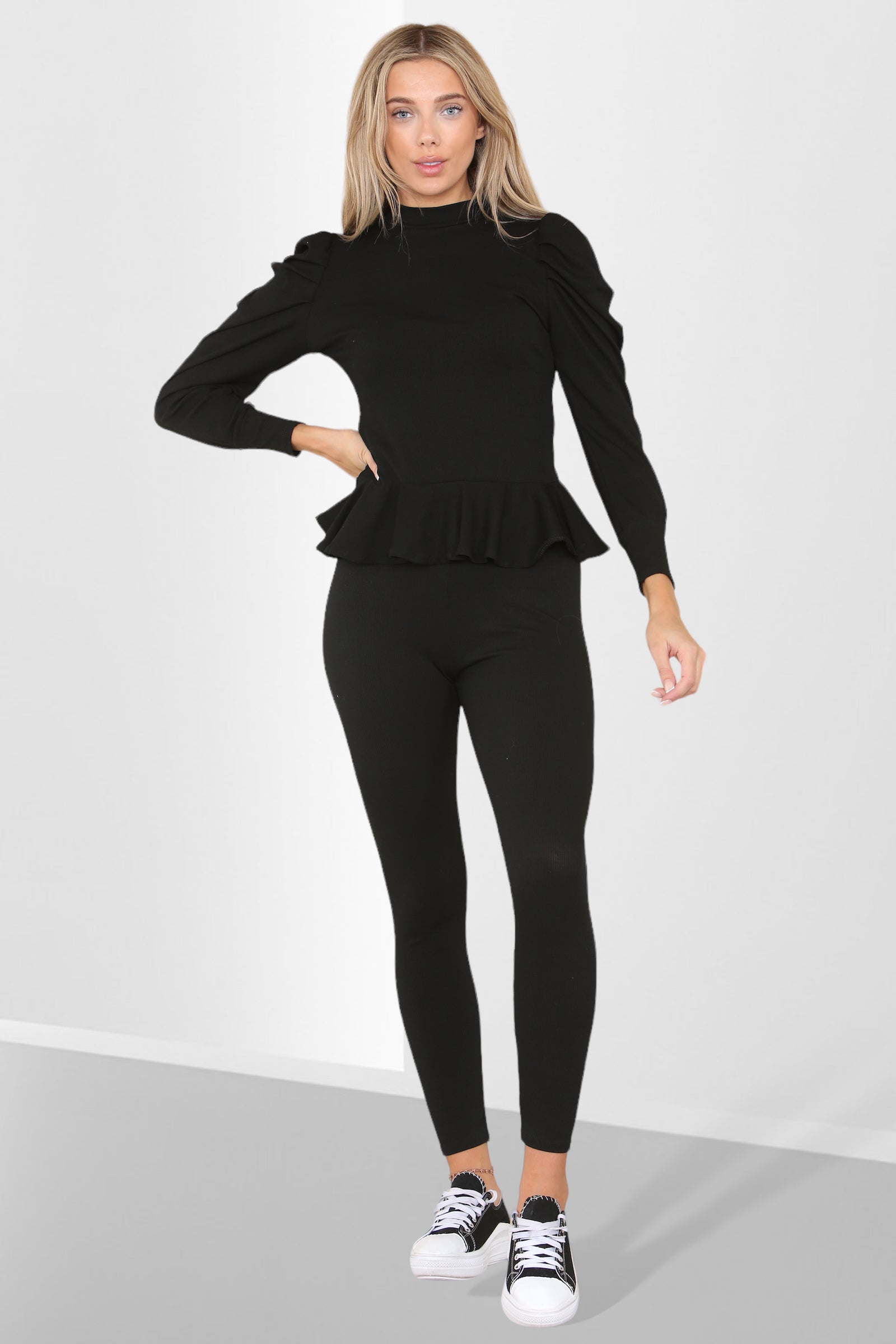 Puff Sleeves Set Frill Hem Peplum Ribbed Lounge Wear Suit - Multi Trends