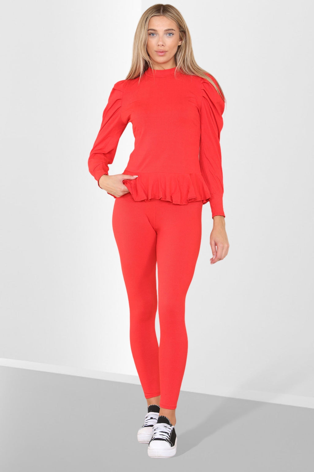 Puff Sleeves Set Frill Hem Peplum Ribbed Lounge Wear Suit - Multi Trends