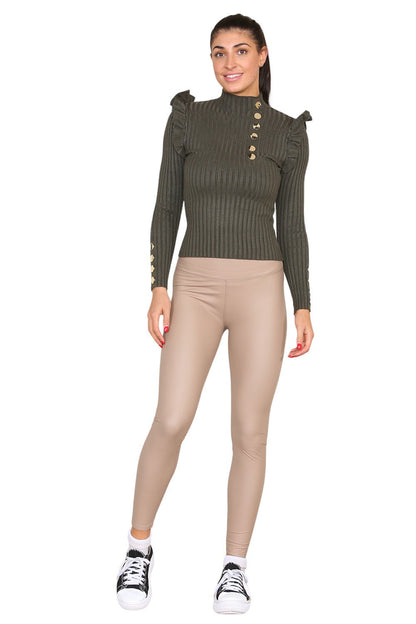 Ribbed Knit Gold Button Detail Jumper with Frill - Multi Trends