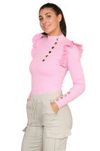 Ribbed Knit Gold Button Detail Jumper with Frill - Multi Trends