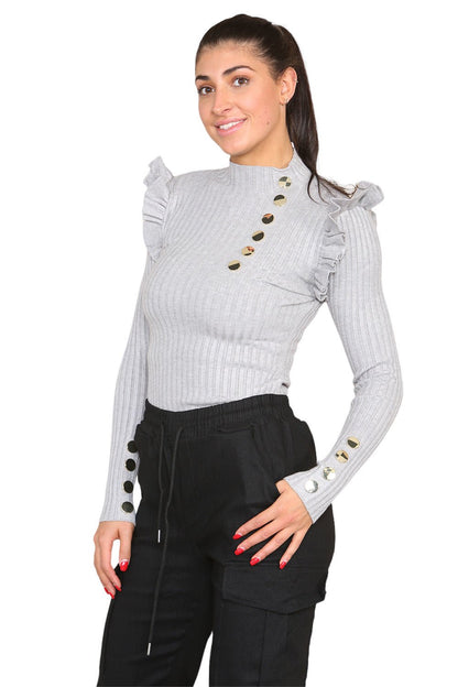 Ribbed Knit Gold Button Detail Jumper with Frill - Multi Trends