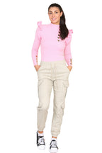 Ribbed Knit Gold Button Detail Jumper with Frill - Multi Trends