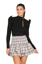 Ribbed Knit Gold Button Detail Jumper with Frill - Multi Trends