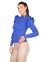 Ribbed Knit Gold Button Detail Jumper with Frill - Multi Trends
