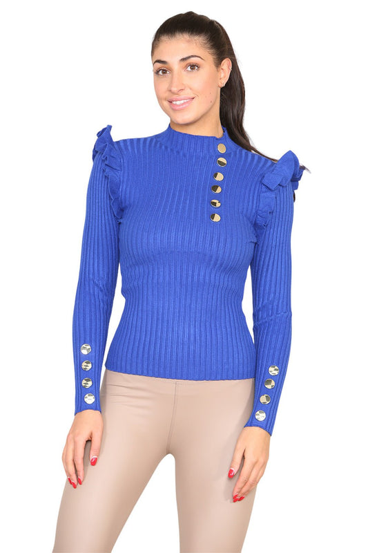 Ribbed Knit Gold Button Detail Jumper with Frill - Multi Trends