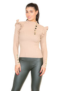 Ribbed Knit Gold Button Detail Jumper with Frill - Multi Trends