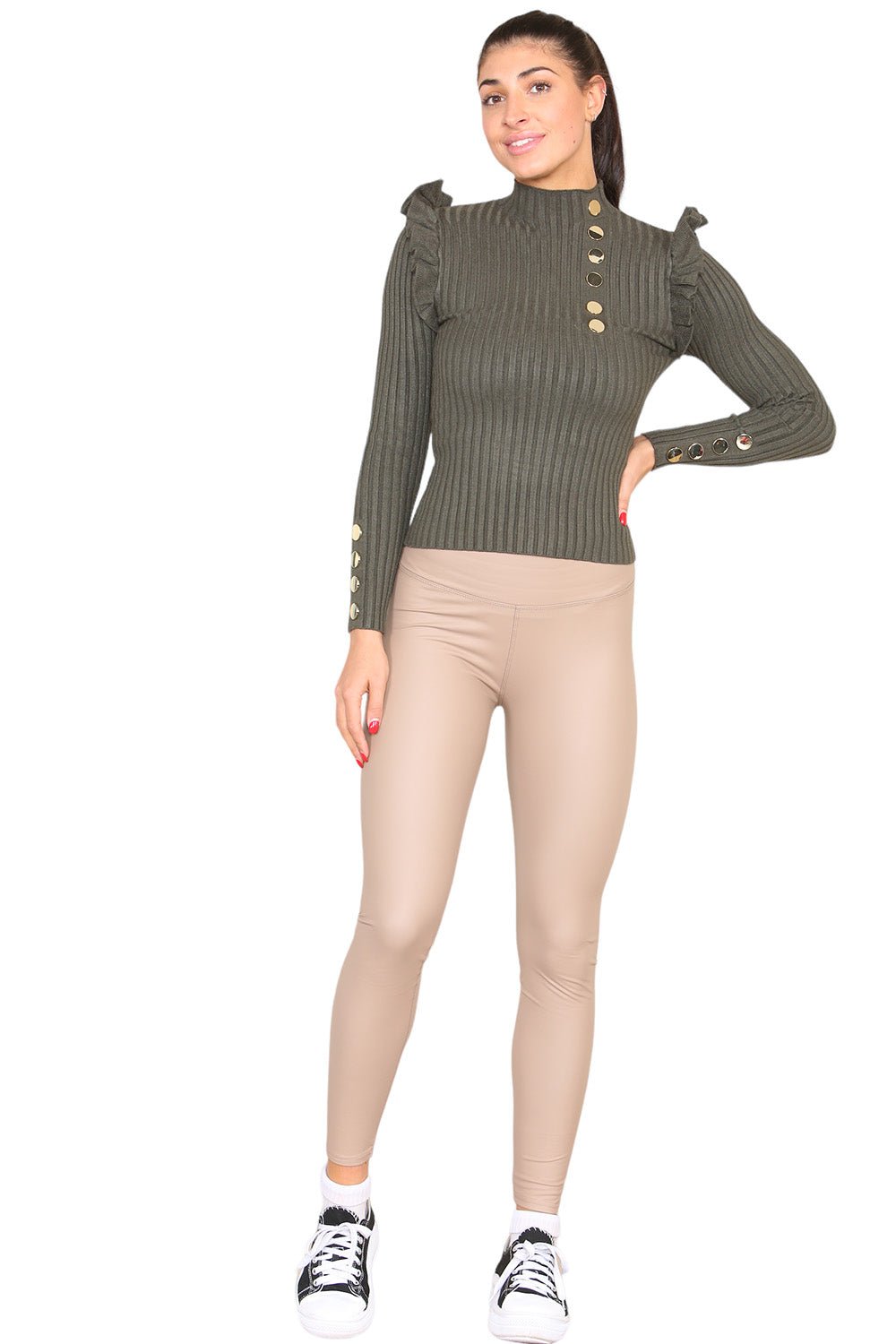 Ribbed Knit Gold Button Detail Jumper with Frill - Multi Trends